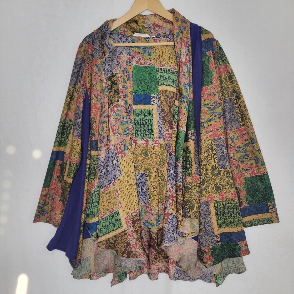 Soft Surroundings lzmur Kimono Open Cardigan Navy Gold draped Large Mixed Media